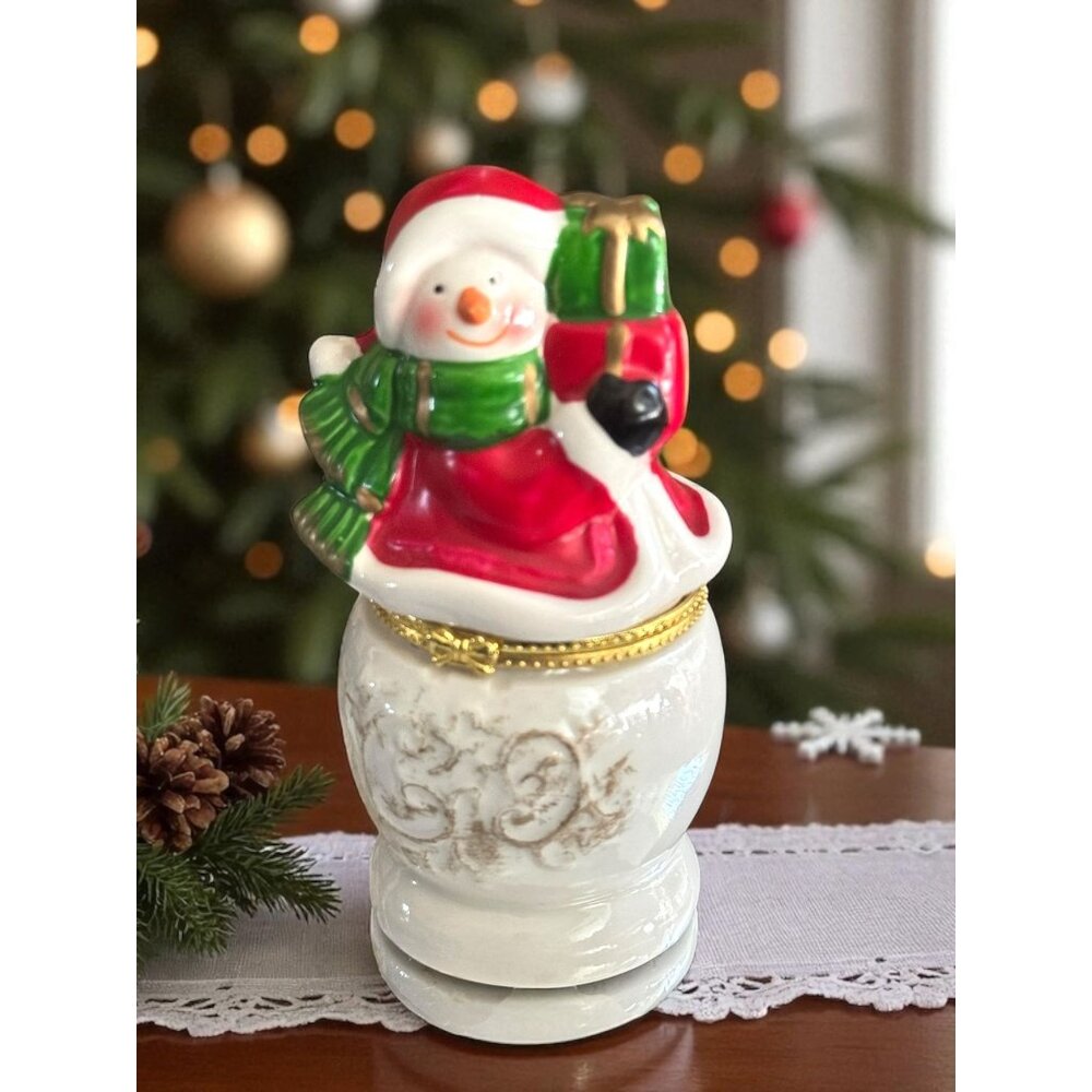 Vintage Snowman Limoges Porcelain Hinged Trinket Jar Holiday Decor